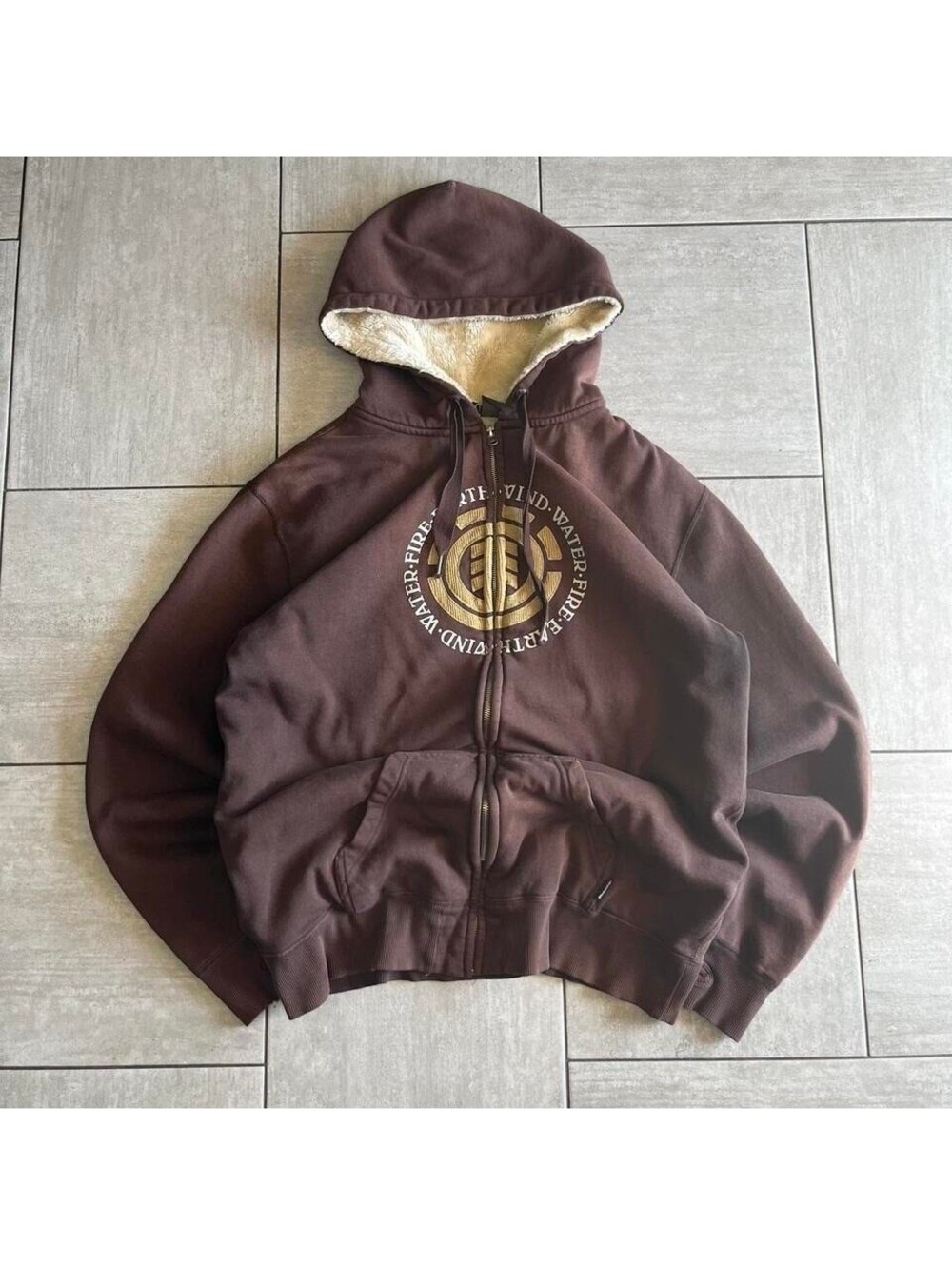 Element Mens Large Brown Sherpa Lined Zip Up Hoodie Fire Earth Wind Water Logo
